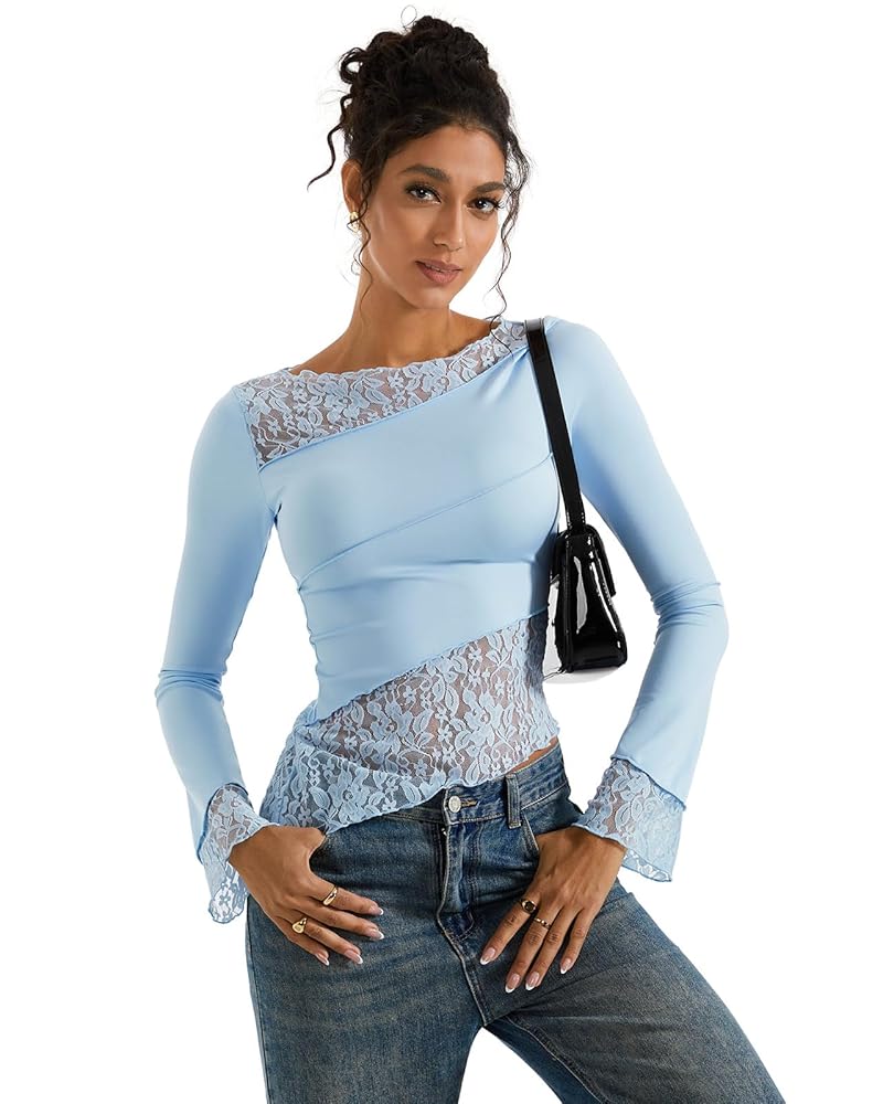 SUUKSESS Women Lace Long Sleeve Top Sexy Mesh Sheer Crew